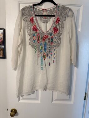 Johnny Was Ivory Tunic with Multicolor Embroidered Neckline